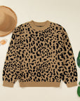 Leopard Ribbed Trim Crewneck Drop Shoulder Sweater