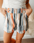 Estella Stripe Vintage Washed Elastic Frill Waist Casual Shorts