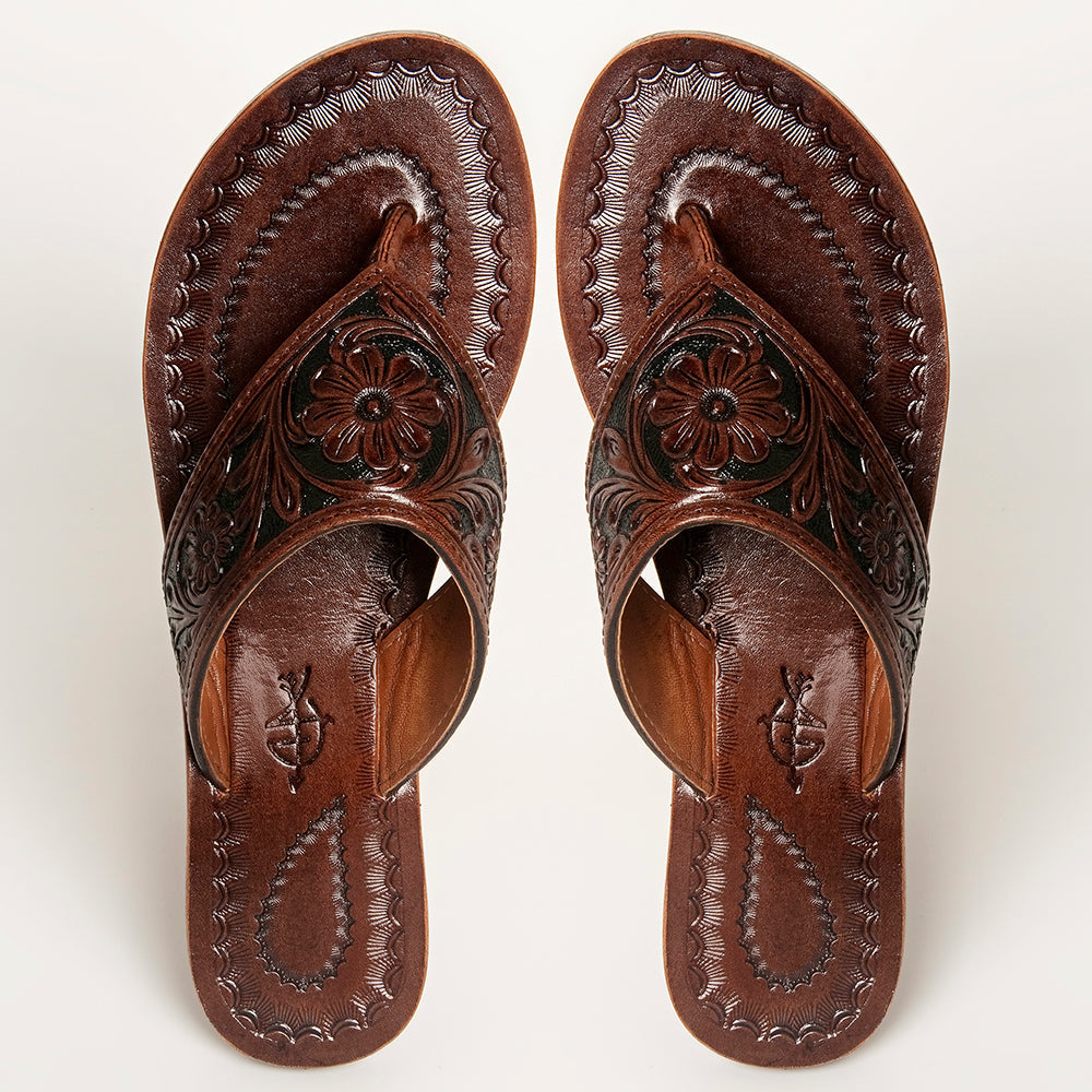 American Darling ADFTE104B Hand tooled carved genuine leather sandal footwear flip flop