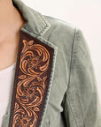 ADBZ023 Genuine leather Hand tooled hand carved Women 100% cotton Denim Blazer dress jacket ladies Girl