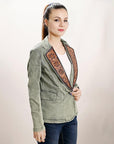ADBZ023 Genuine leather Hand tooled hand carved Women 100% cotton Denim Blazer dress jacket ladies Girl