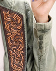 ADBZ023 Genuine leather Hand tooled hand carved Women 100% cotton Denim Blazer dress jacket ladies Girl