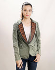 ADBZ023 Genuine leather Hand tooled hand carved Women 100% cotton Denim Blazer dress jacket ladies Girl