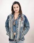 ADJKT018 Genuine leather Hand tooled hand carved Women 100% cotton Denim jacket dress ladies girl