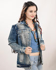 ADJKT018 Genuine leather Hand tooled hand carved Women 100% cotton Denim jacket dress ladies girl