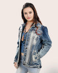 ADJKT018 Genuine leather Hand tooled hand carved Women 100% cotton Denim jacket dress ladies girl