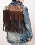 ADJKT018 Genuine leather Hand tooled hand carved Women 100% cotton Denim jacket dress ladies girl