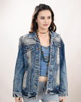ADJKT019 Genuine leather Hand tooled hand carved Women 100% cotton Denim jacket dress ladies girl