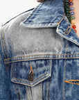 ADJKT019 Genuine leather Hand tooled hand carved Women 100% cotton Denim jacket dress ladies girl
