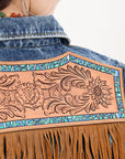 ADJKT019 Genuine leather Hand tooled hand carved Women 100% cotton Denim jacket dress ladies girl