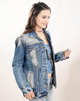 ADJKT019 Genuine leather Hand tooled hand carved Women 100% cotton Denim jacket dress ladies girl