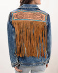 ADJKT019 Genuine leather Hand tooled hand carved Women 100% cotton Denim jacket dress ladies girl