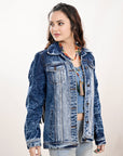 ADJKT020 Genuine leather Hand tooled hand carved Women 100% cotton Denim jacket dress ladies girl