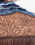 ADJKT020 Genuine leather Hand tooled hand carved Women 100% cotton Denim jacket dress ladies girl