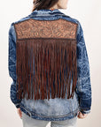 ADJKT020 Genuine leather Hand tooled hand carved Women 100% cotton Denim jacket dress ladies girl