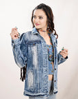 ADJKT022 Genuine leather Hand tooled hand carved Women 100% cotton Denim jacket dress ladies girl