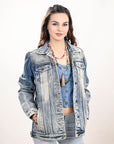 ADJKT023 Genuine leather Hand tooled hand carved Women 100% cotton Denim jacket  dress ladies girl