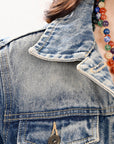 ADJKT023 Genuine leather Hand tooled hand carved Women 100% cotton Denim jacket  dress ladies girl