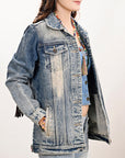 ADJKT023 Genuine leather Hand tooled hand carved Women 100% cotton Denim jacket  dress ladies girl