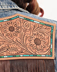ADJKT023 Genuine leather Hand tooled hand carved Women 100% cotton Denim jacket  dress ladies girl