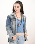 ADJKT023 Genuine leather Hand tooled hand carved Women 100% cotton Denim jacket  dress ladies girl