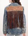 ADJKT023 Genuine leather Hand tooled hand carved Women 100% cotton Denim jacket  dress ladies girl
