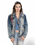 ADJKT027 Genuine leather Hand tooled hand carved Women 100% cotton Denim jacket dress ladies girl