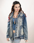 ADJKT027 Genuine leather Hand tooled hand carved Women 100% cotton Denim jacket dress ladies girl