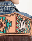 ADJKT027 Genuine leather Hand tooled hand carved Women 100% cotton Denim jacket dress ladies girl