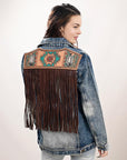 ADJKT027 Genuine leather Hand tooled hand carved Women 100% cotton Denim jacket dress ladies girl