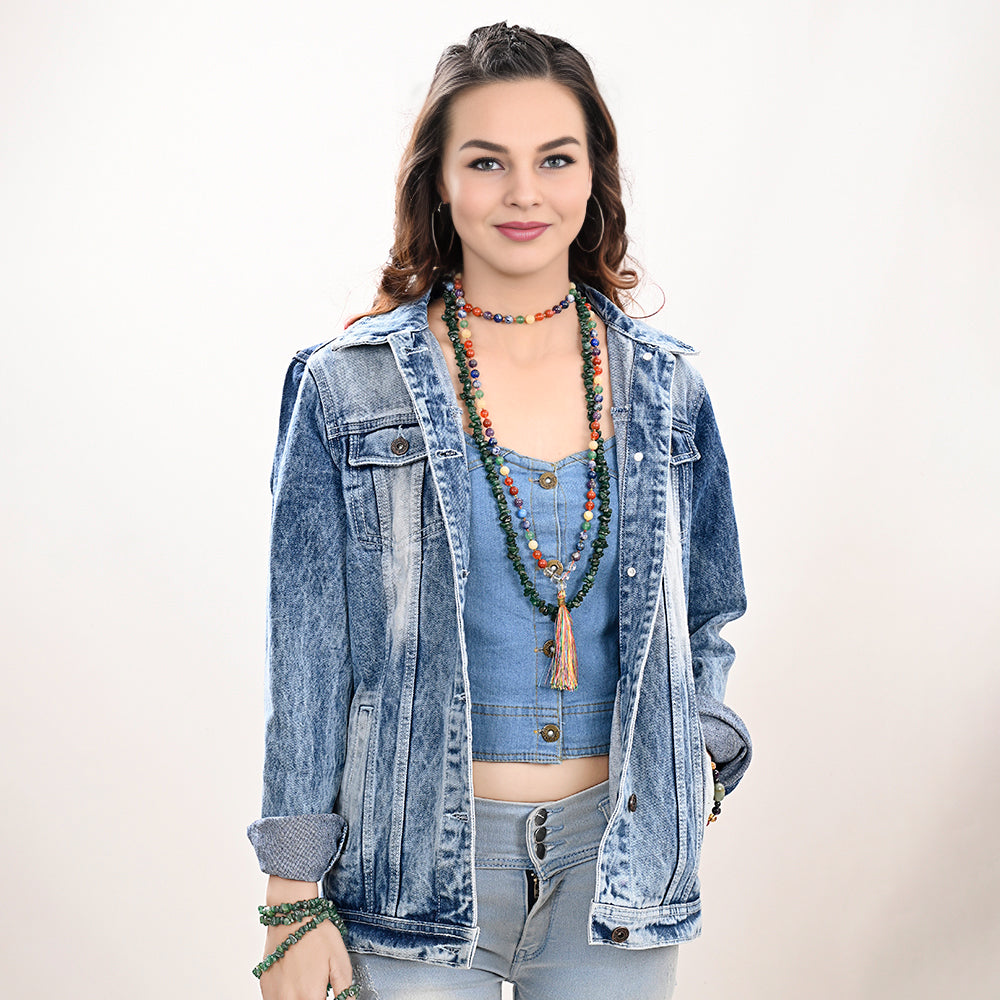 ADJKT026 Genuine leather Hand tooled hand carved Women 100% cotton Denim jacket  dress ladies girl