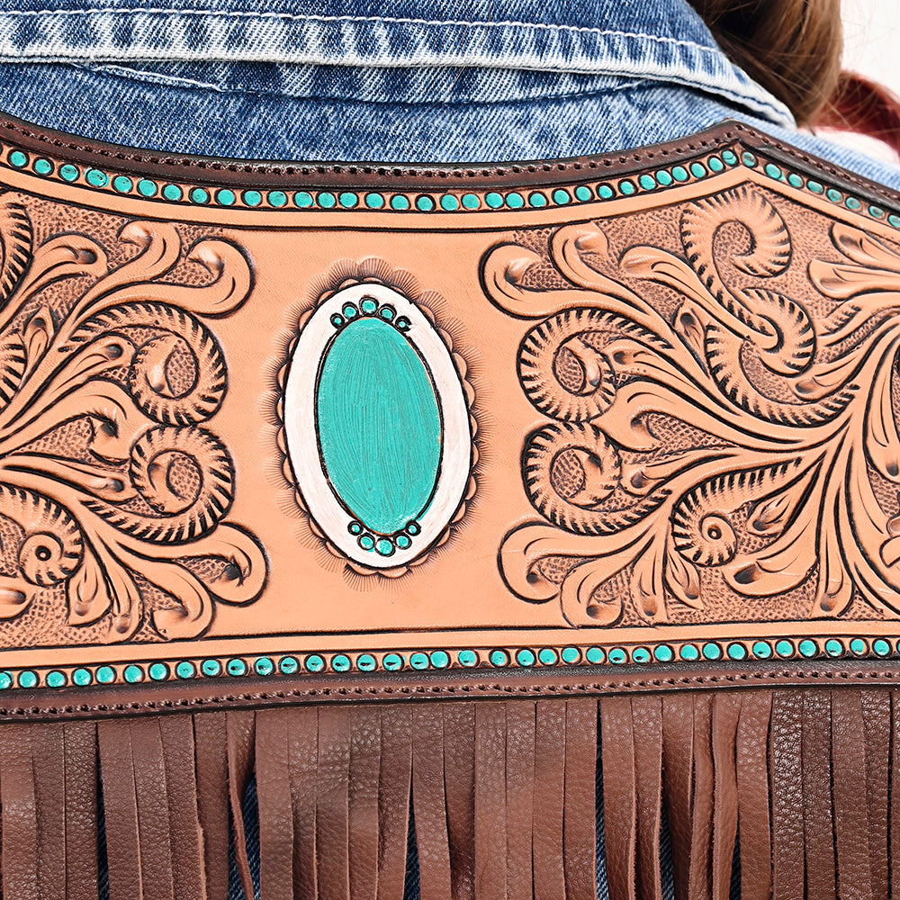ADJKT026 Genuine leather Hand tooled hand carved Women 100% cotton Denim jacket  dress ladies girl