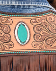 ADJKT026 Genuine leather Hand tooled hand carved Women 100% cotton Denim jacket dress ladies girl