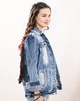 ADJKT026 Genuine leather Hand tooled hand carved Women 100% cotton Denim jacket dress ladies girl