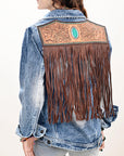 ADJKT026 Genuine leather Hand tooled hand carved Women 100% cotton Denim jacket dress ladies girl