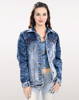 ADJKT028 Genuine leather Hand tooled hand carved Women 100% cotton Denim jacket dress ladies girl