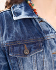 ADJKT028 Genuine leather Hand tooled hand carved Women 100% cotton Denim jacket dress ladies girl