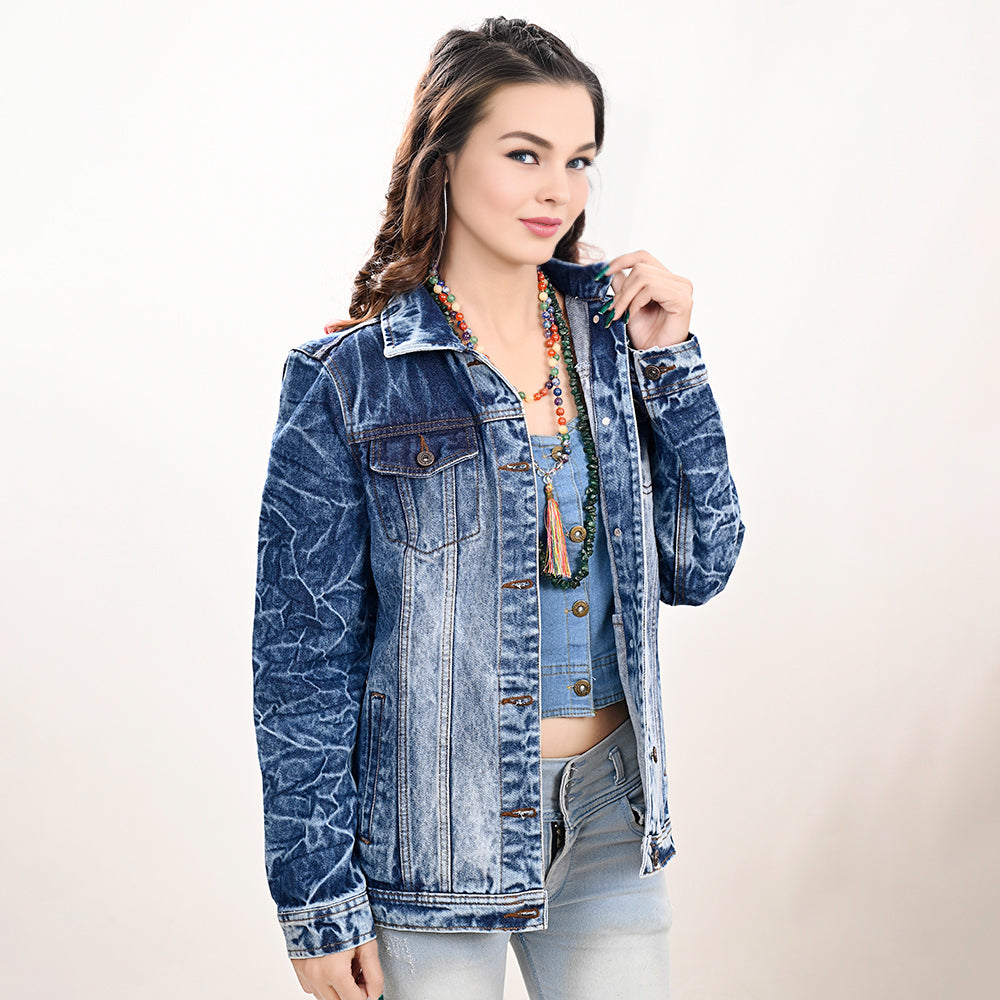 ADJKT028 Genuine leather Hand tooled hand carved Women 100% cotton Denim jacket  dress ladies girl