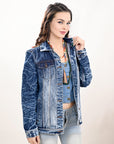 ADJKT028 Genuine leather Hand tooled hand carved Women 100% cotton Denim jacket dress ladies girl