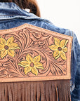 ADJKT028 Genuine leather Hand tooled hand carved Women 100% cotton Denim jacket dress ladies girl