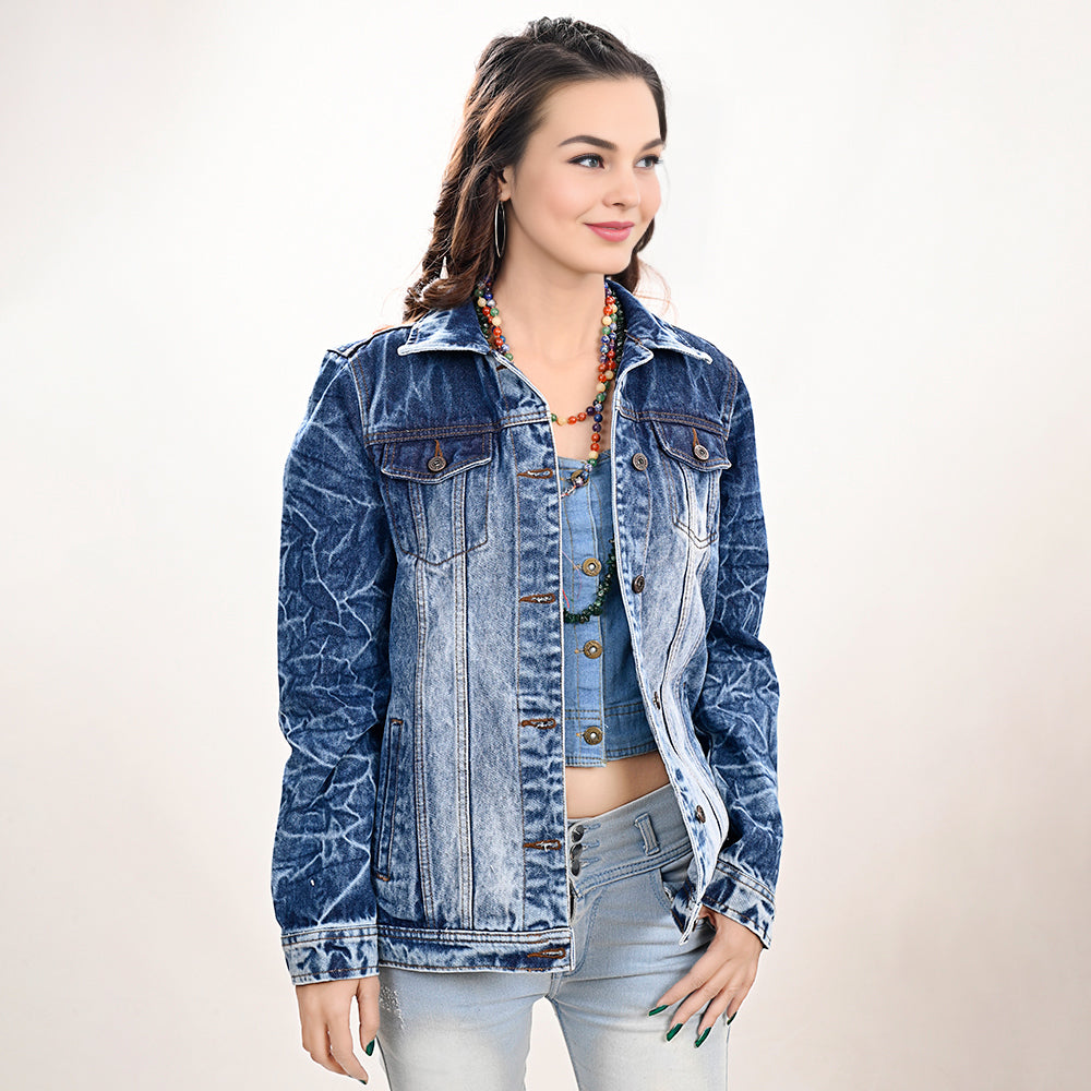 ADJKT028 Genuine leather Hand tooled hand carved Women 100% cotton Denim jacket  dress ladies girl