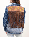 ADJKT028 Genuine leather Hand tooled hand carved Women 100% cotton Denim jacket dress ladies girl