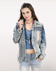 ADJKT031 Genuine leather Hand tooled hand carved Women 100% cotton Denim jacket dress ladies girl