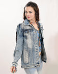 ADJKT031 Genuine leather Hand tooled hand carved Women 100% cotton Denim jacket dress ladies girl