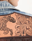 ADJKT031 Genuine leather Hand tooled hand carved Women 100% cotton Denim jacket dress ladies girl