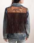 ADJKT031 Genuine leather Hand tooled hand carved Women 100% cotton Denim jacket dress ladies girl