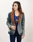 ADBZ029 Genuine leather Hand tooled hand carved Women 100% cotton Denim Blazer dress jacket ladies Girl