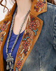 ADBZ029 Genuine leather Hand tooled hand carved Women 100% cotton Denim Blazer dress jacket ladies Girl