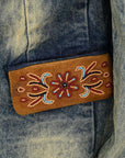 ADBZ029 Genuine leather Hand tooled hand carved Women 100% cotton Denim Blazer dress jacket ladies Girl