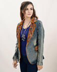 ADBZ029 Genuine leather Hand tooled hand carved Women 100% cotton Denim Blazer dress jacket ladies Girl
